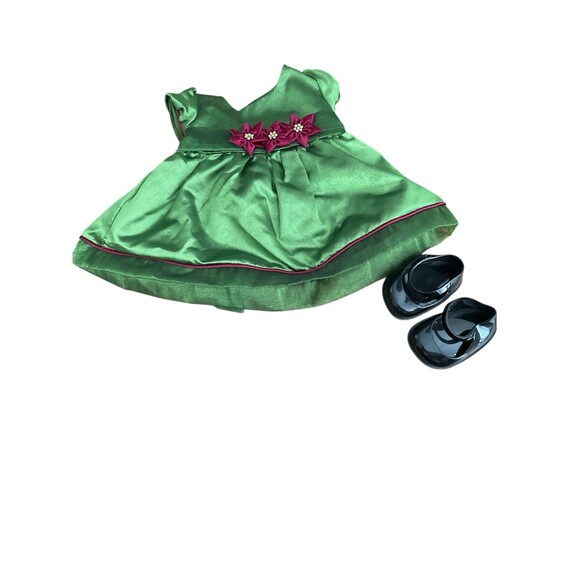 American Girl Bitty Baby Holiday Dress Green Satin Poinsettia Patent Shoes - Picture 1 of 2